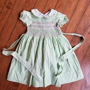 Anavini Green Smocked Dress with Pink Flowers